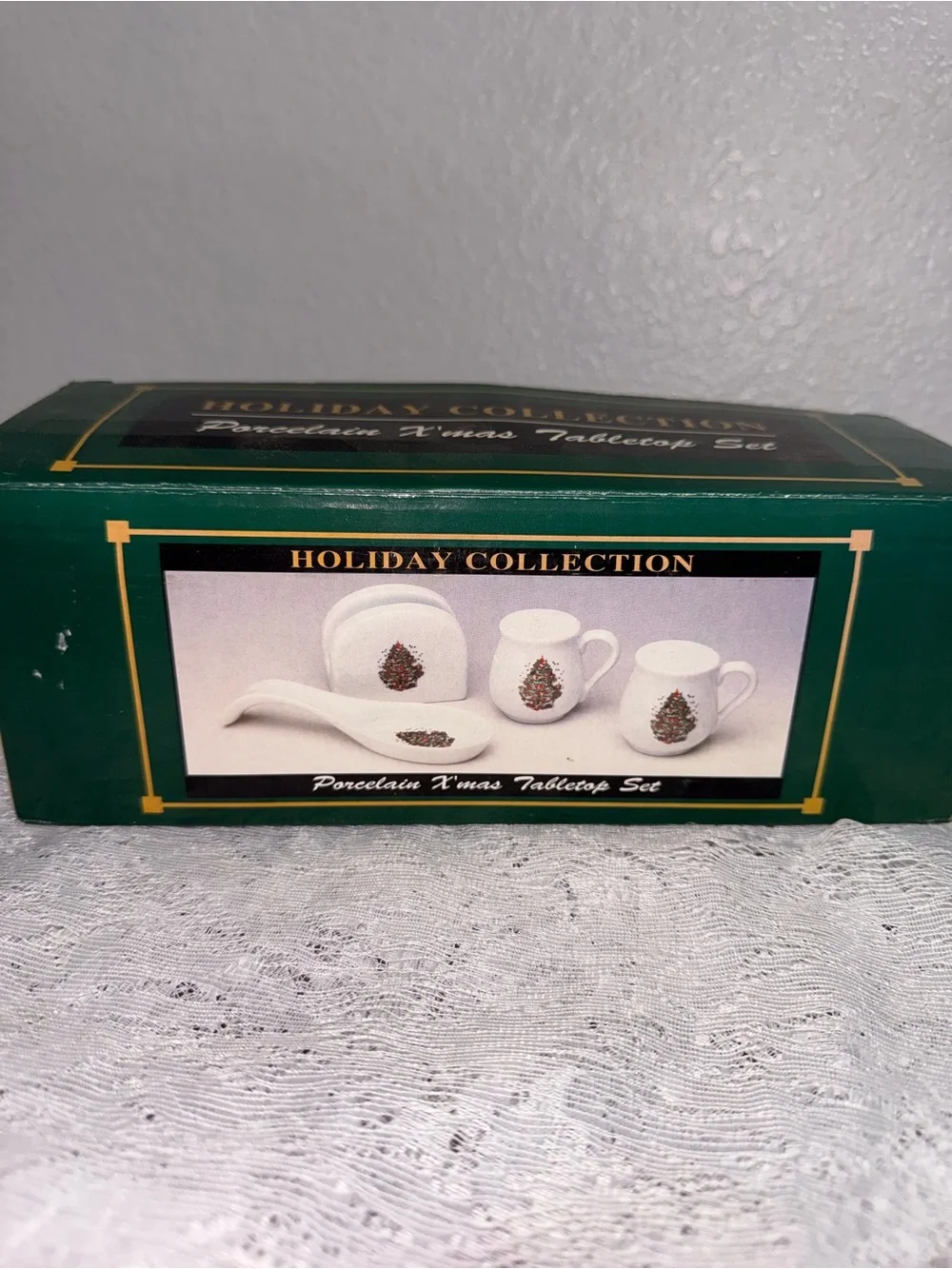 Vintage White Ceramic Holiday Tree Spoon Rest and Condiment Set